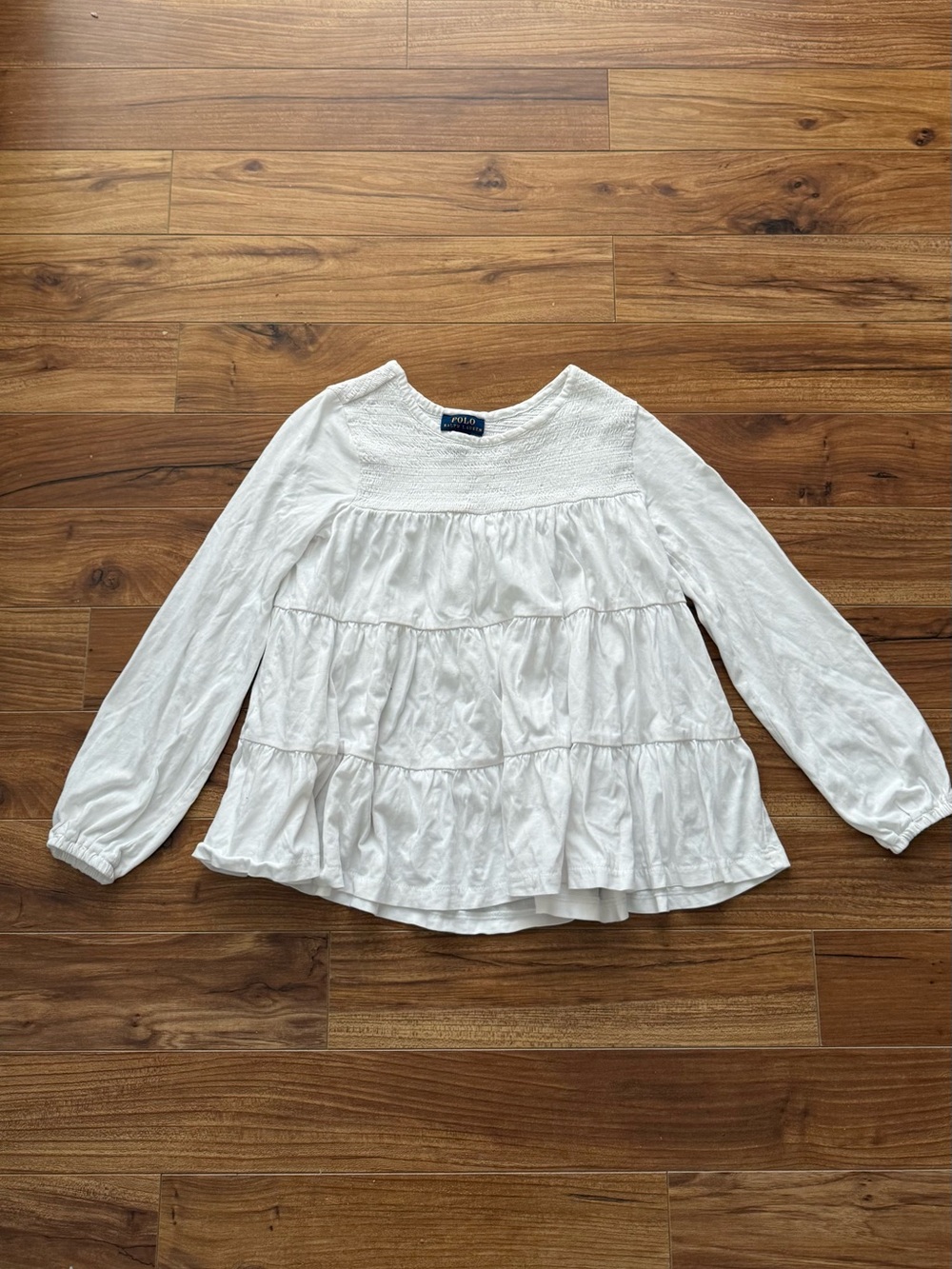 Polo Ralph Lauren Girls White Smocked Tiered Long Sleeve Top Size 7 (S/P)